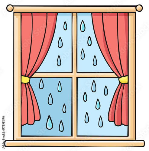 Window pane with raindrops and red curtains, hand drawn cartoon vector illustration, rainy day at home cozy vibes