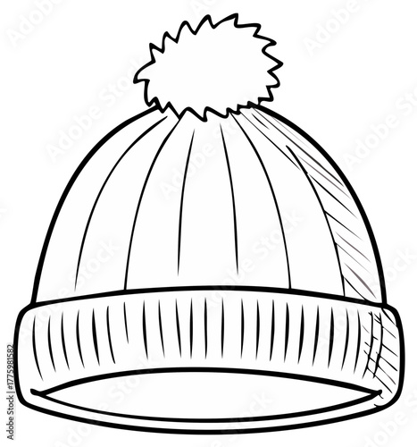 Winter hat illustration with bobble monochrome design for apparel or crafts.
