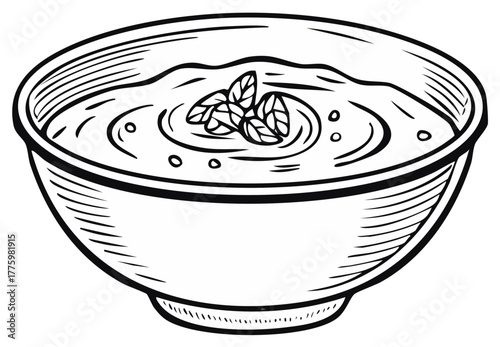 Hand-drawn vector of bowl with soup and basil leaves on top in black and white