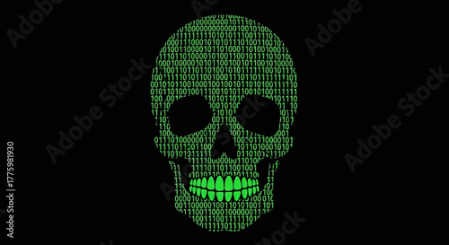 Digital skull crafted from binary code represents cyber threat and data danger