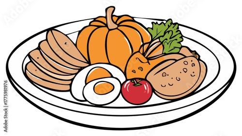 Plate of sliced chicken pumpkin boiled egg and tomato with green leaves cartoon