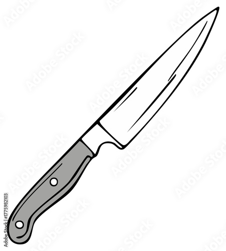 Chef knife drawing with gray handle and sharp blade kitchen tool