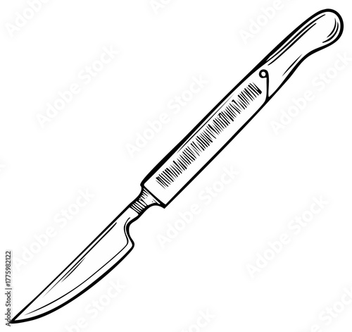 Detailed Line Art of Scalpel Surgical Tool Sharp Blade Precise Cut for Medical Procedures Equipment