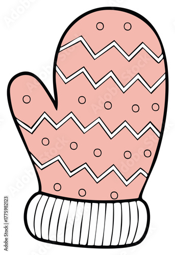 Winter pink mitten with zigzags and dots, cozy warm glove for cold weather, protective apparel, vector design for kids
