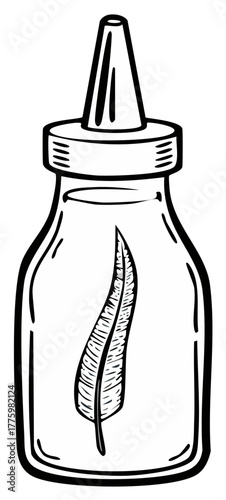 Hand-drawn illustration of a glass dropper bottle with a feather inside