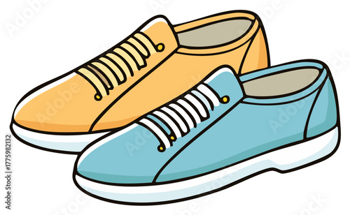 Colorful cartoon sneakers pair in orange and blue casual footwear