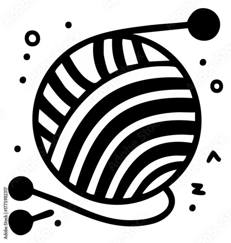 Stylized yarn ball and knitting needles doodle art representing handmade crafts and cozy hobbies