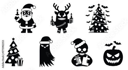 Halloween Christmas Mashup Silhouettes — Ideal for Holiday Party Invitations, Spooky Greeting Cards, Gothic Decorations, Digital Art Projects, Social Media Graphics, and Seasonal Marketing Materials