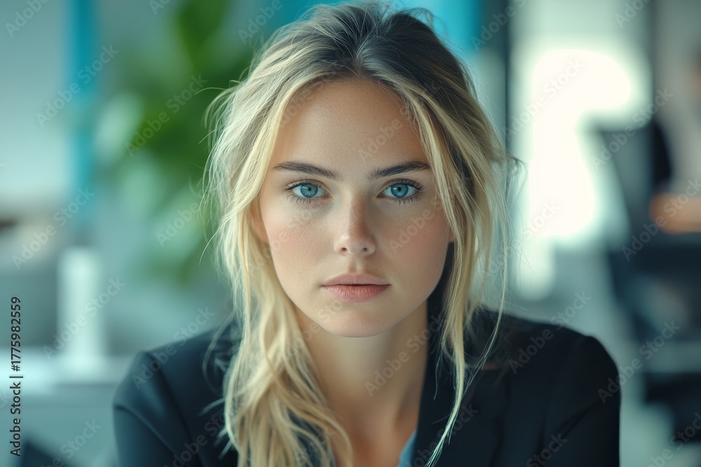 Fototapeta premium Professional businesswoman focuses intently on her work in a modern office, fully immersed in her tasks and responsibilities, Generative AI