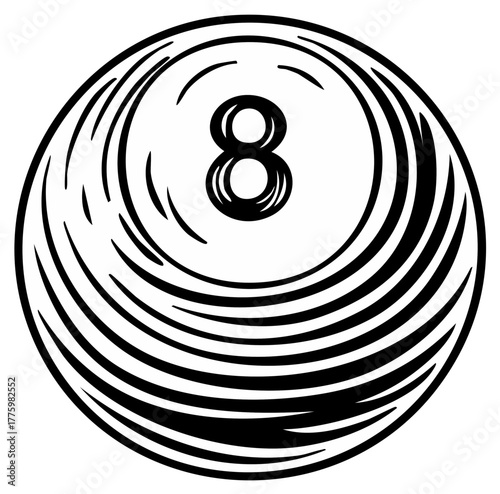 Stylized Eight Ball Black and White Illustration for Billiards Game and Luck Concept