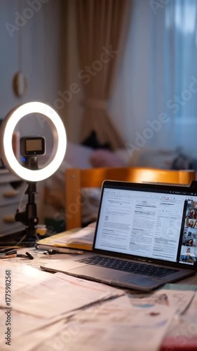 Home study setup with laptop, ring light and desk full of papers. Student workspace at home with ring light, webcam, laptop, virtual school , concept of remote learning or online work