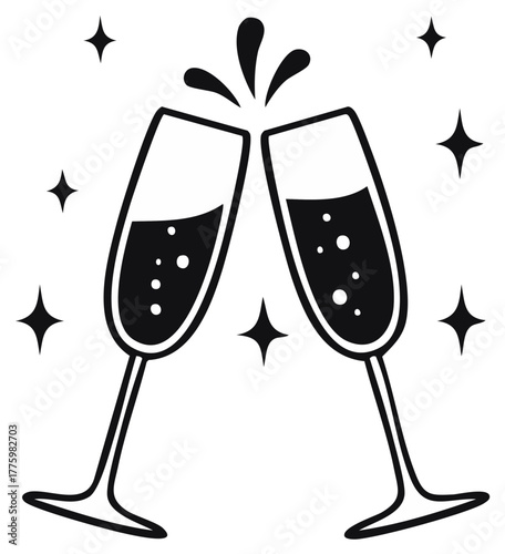 Clinking Champagne Flutes Graphic Illustration with a Splash and Sparkles for a Festive Toast