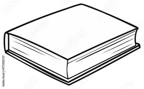 Simple black and white line art illustration of a closed hardcover book with a blank cover