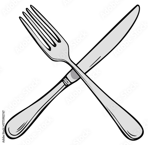 Crossed fork and knife illustration symbolizing dining or refusal or place setting etiquette or table setting.