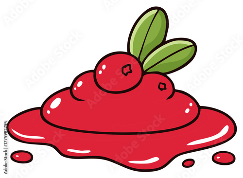 Glossy dollop of cranberry sauce with fresh berries and leaves cartoon vector illustration