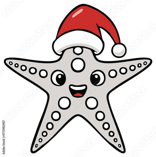 Cute cartoon starfish wearing a red Santa hat smiling happily with a festive holiday spirit