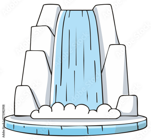 Stylized cartoon illustration of a waterfall cascading down an icy mountain