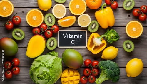 Assortment of fresh fruits and vegetables rich in vitamin c on rustic wooden background