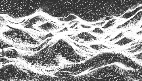 Abstract monochrome stippled landscape with rolling hills and starry sky texture