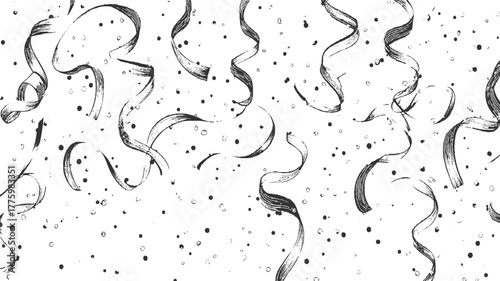 Black and white hand drawn confetti and streamers background ribbon