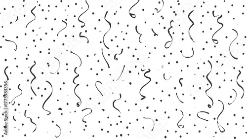 Black ink confetti and streamers scattered on white background hand drawn party celebration