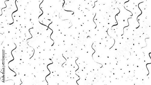 Black and white confetti streamers and squares scattered on a white background party celebration