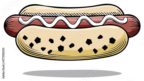 Illustrated hot dog with mustard and sesame seeds perfect for food themed design.