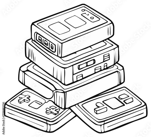A stack of old school video game consoles with gamepads in a black and white hand drawn style