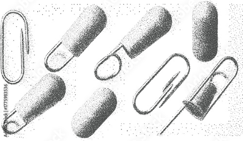 Collection of paper clips and safety pins in stippled grey tones on white background paperclip stationery
