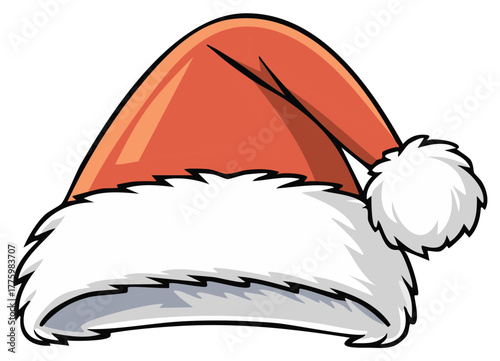 Cartoon style Santa hat with red fabric and white fur trim and pom pom