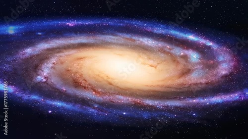 A luminous, spiral galaxy spins against a star-filled backdrop of the cosmos