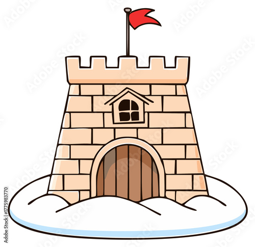 Cartoon stone castle tower with red flag and snow base in simple illustration style