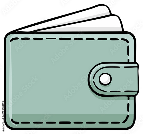 Simple light blue wallet illustration with cards and fastener. Vector purse graphic.