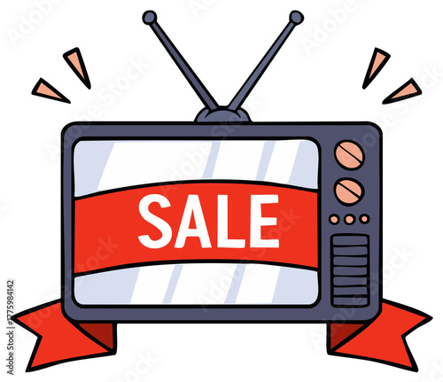 Cartoon Retro Television Announcing a Big Shopping Sale with a Red Ribbon