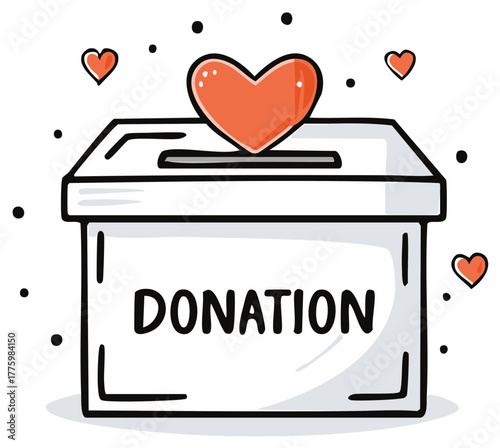 Hand drawn cartoon donation box with a heart for charity giving and community support