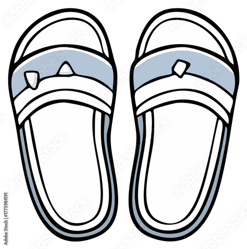 Pair of casual summer slippers with blue and white design a simple vector graphic