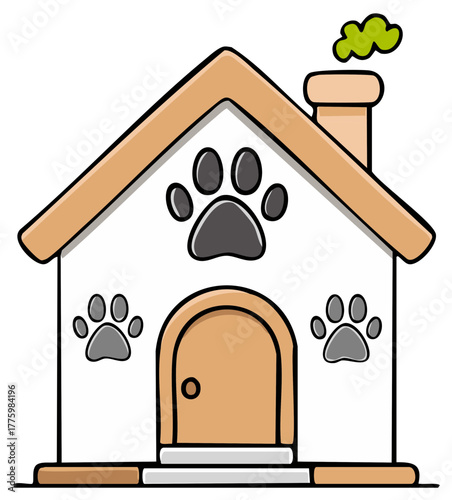 Cartoon Doghouse with Paw Prints and Chimney, Vector Illustration
