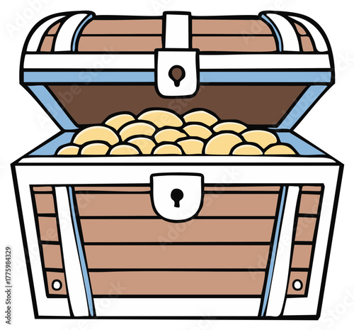 Open Wooden Pirate Treasure Chest Full of Golden Coins Cartoon Illustration