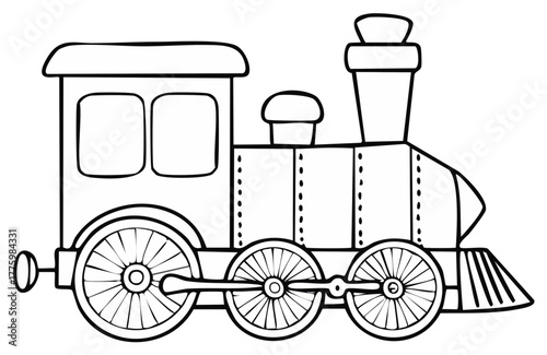 Black and white cartoon steam train outline illustration drawing for coloring activity