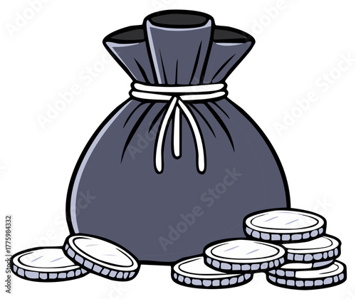 Cartoon illustration of a grey money bag or sack filled with treasure and silver coins