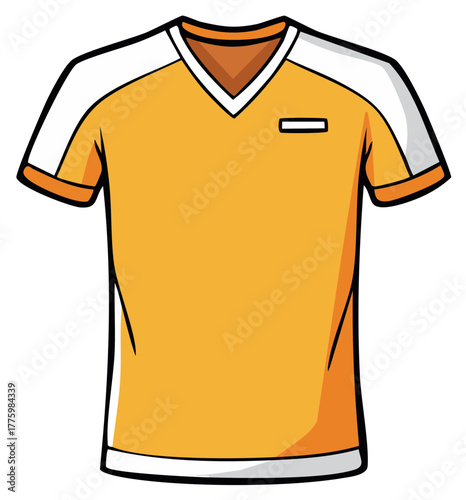 Cartoon vector illustration of an orange and white V neck short sleeve t shirt with a blank chest patch