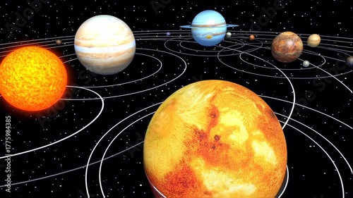 A digital rendering of our solar system with planets, suns, and orbital paths, in space