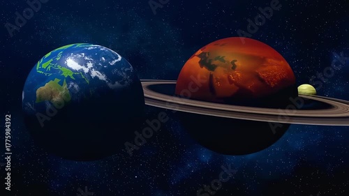 A digitally rendered space scene depicting Earth, a ringed planet, and a moon against a starry backdrop