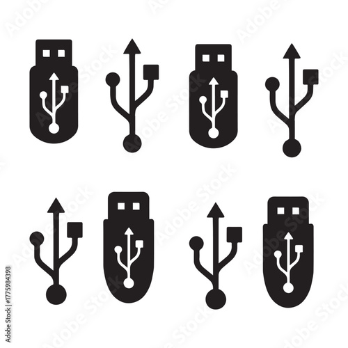 Collection of USB flash drive icons, symbolizing data transfer and digital storage for technology and communication