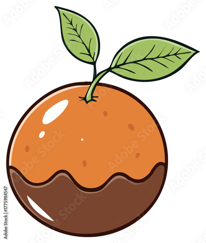 Gourmet chocolate covered orange fruit with fresh leaves and stem, a sweet dessert cartoon vector illustration.