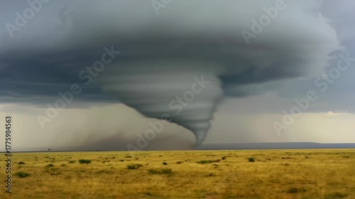 A massive tornado descends from ominous dark clouds over a grassy, flat landscape