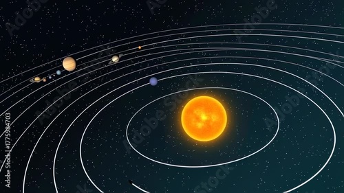 An illustrative depiction of the solar system, with planets orbiting the sun on white paths