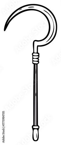 Stylized Hand Tool with Curved Blade and Long Handle