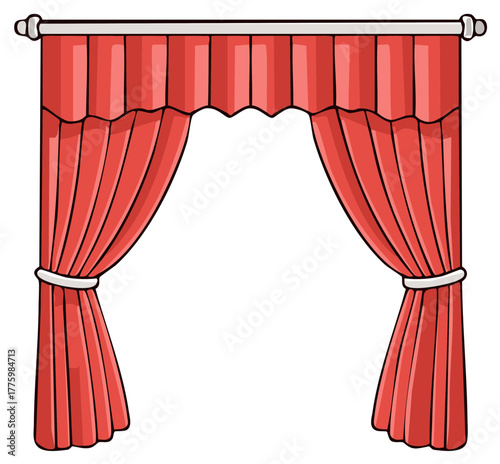 Elegant red theater curtains with a classic valance and tie-backs, cartoon vector illustration