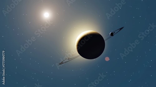 A celestial scene a ringed planet is lit by the sun and surrounded by stars